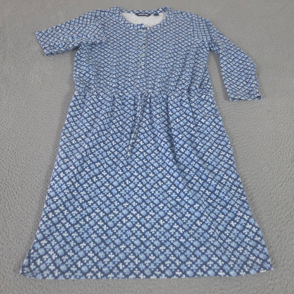 Lands' End Dress Womens Medium Petite Blue Long Sleeve Button-Front Drawstring